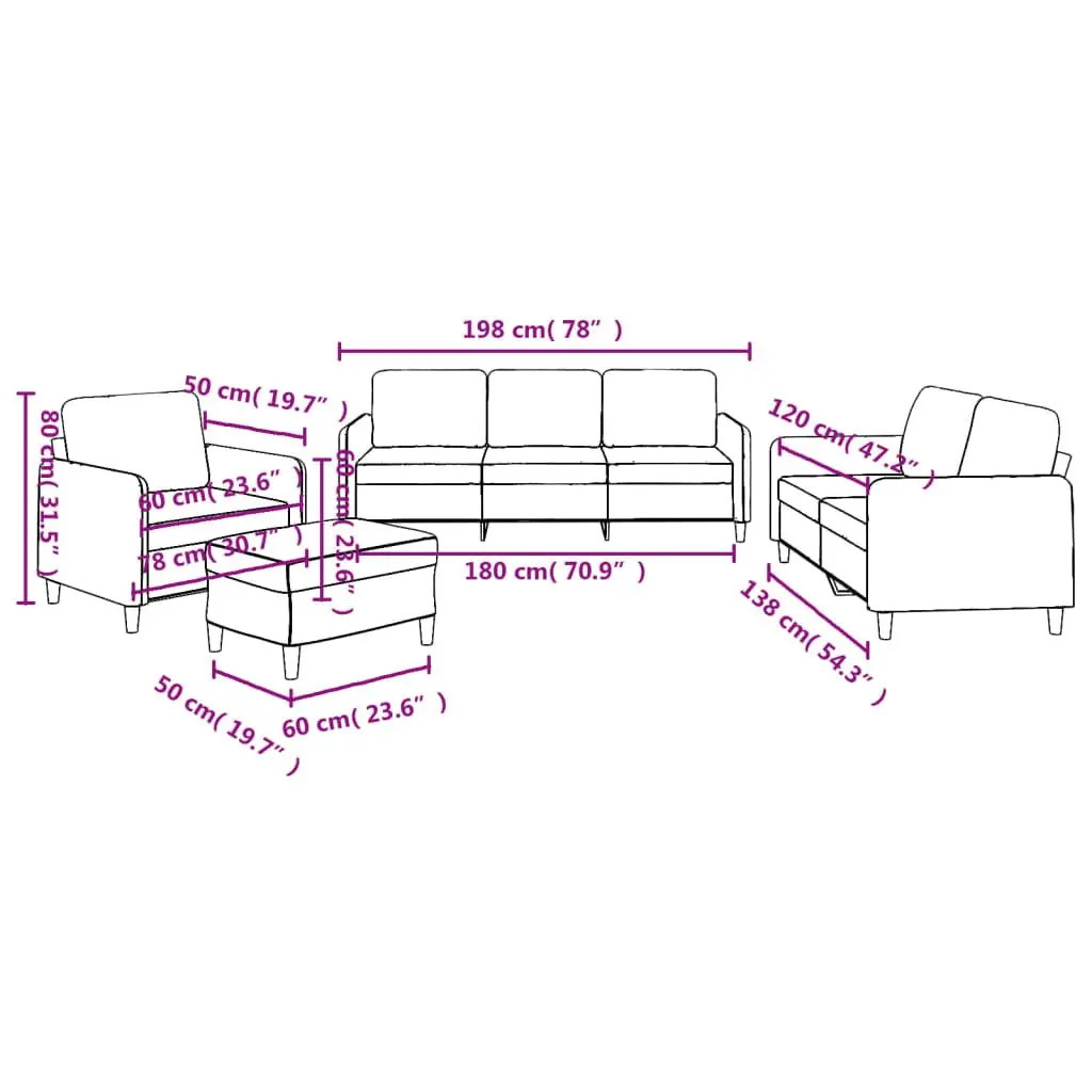 4 Piece Black Fabric Sofa Set with Footstool