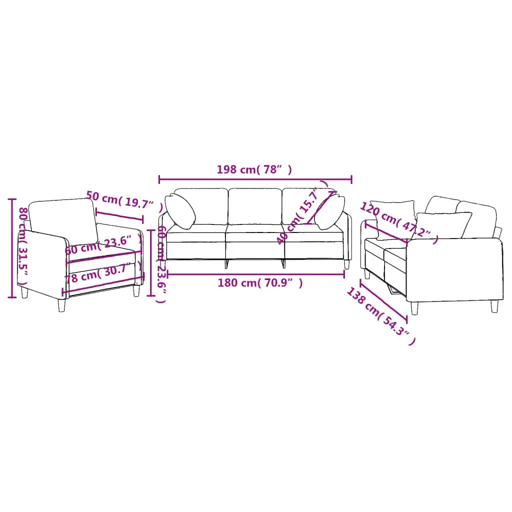 Sofa Set Fabric Grey 3 Piece