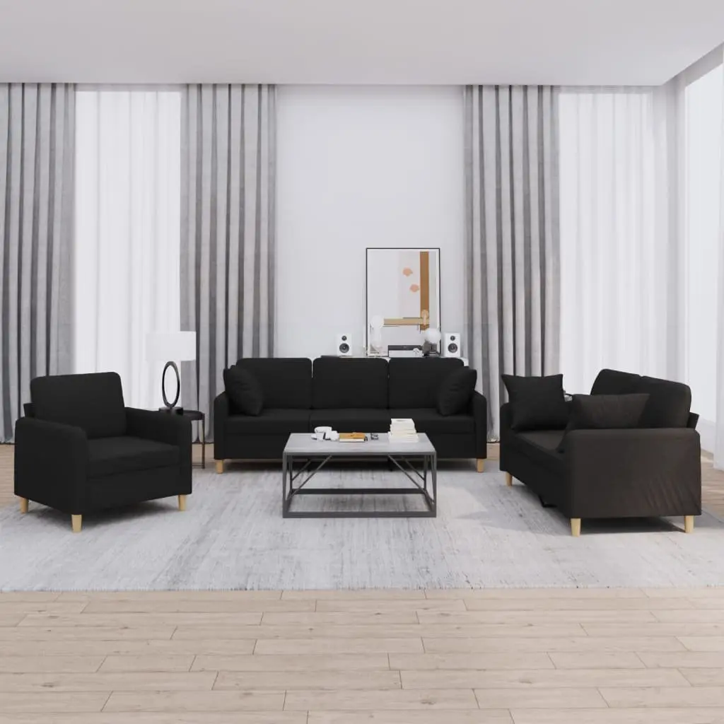 3 Piece Sofa Set in Black Fabric with Pillows