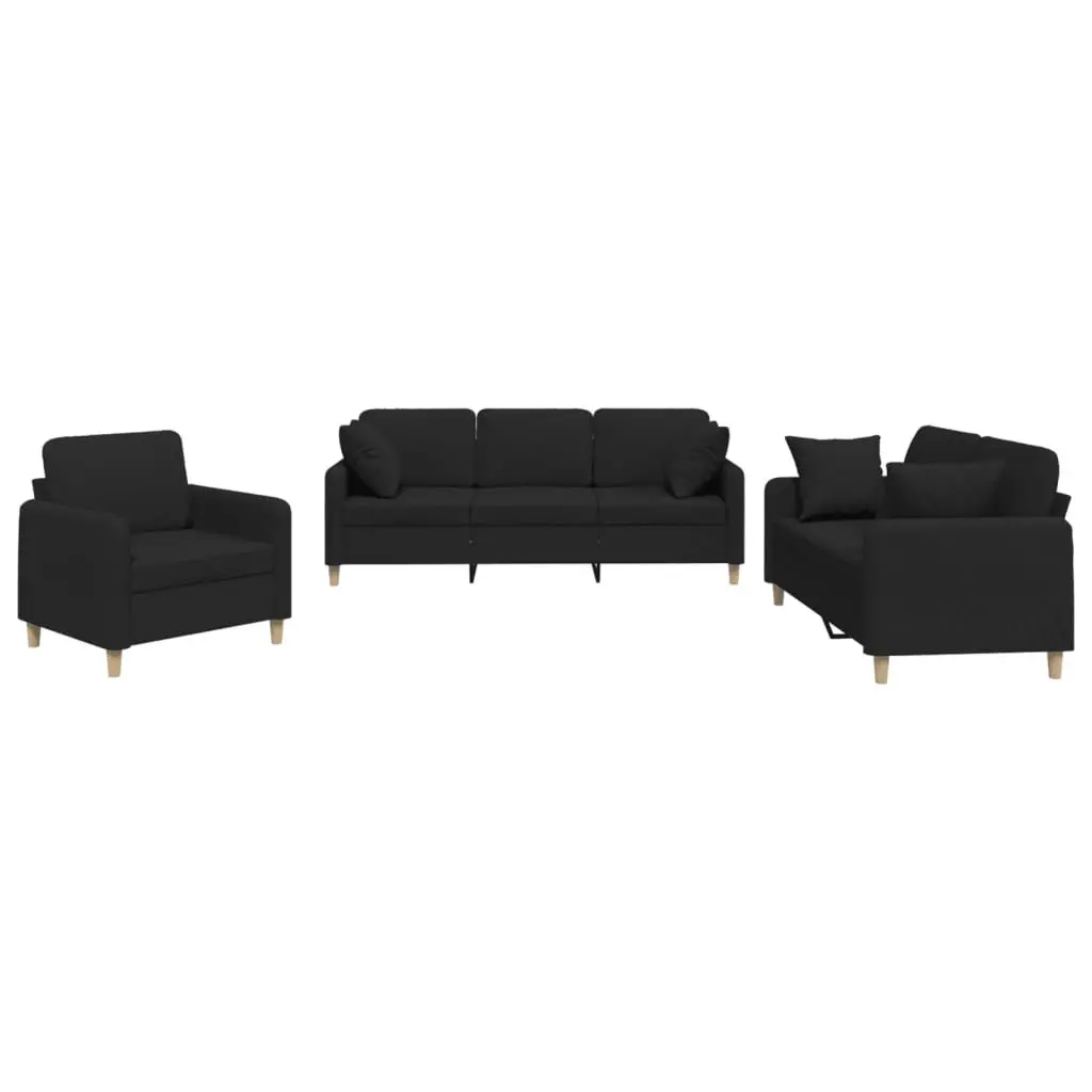 3 Piece Sofa Set in Black Fabric with Pillows