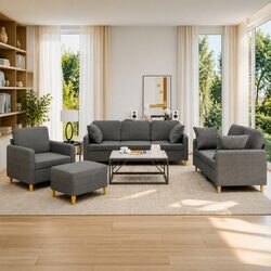 Durable 4 Piece Grey Fabric Sofa Set with Pillows