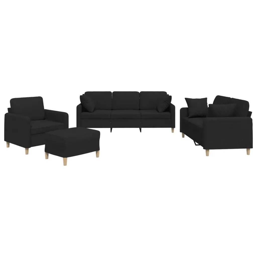 Black Fabric 4 Piece Sofa Set with Pillows