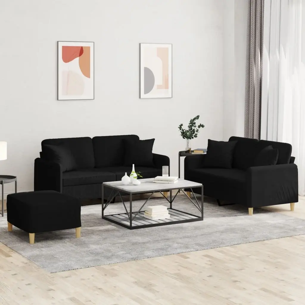 Black Fabric 3 Piece Sofa Set with Pillows