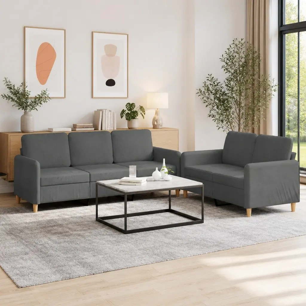Dark Grey Fabric Sofa Set with Thick Padded Cushions