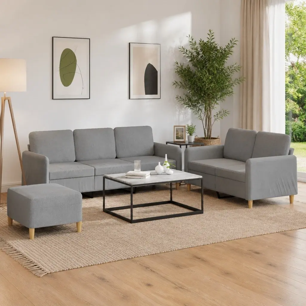 3 Piece Grey Fabric Sofa Set with Cushions & Footstool