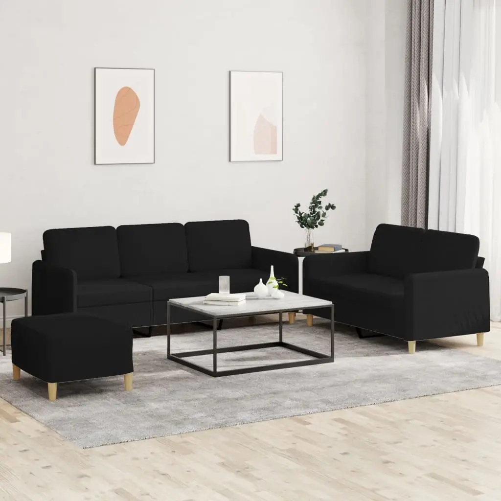 Black Fabric 3 Piece Sofa Set with Footstool