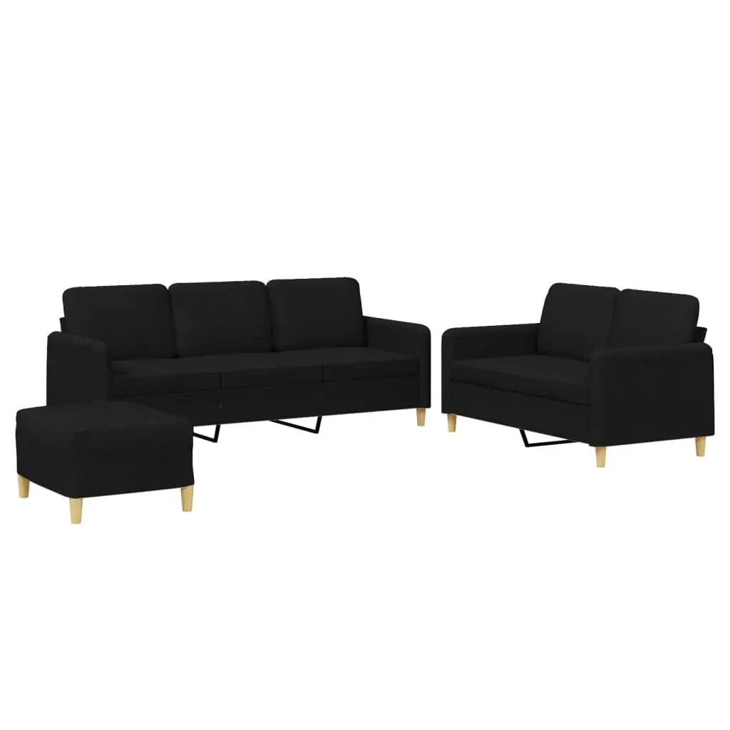 Black Fabric 3 Piece Sofa Set with Footstool