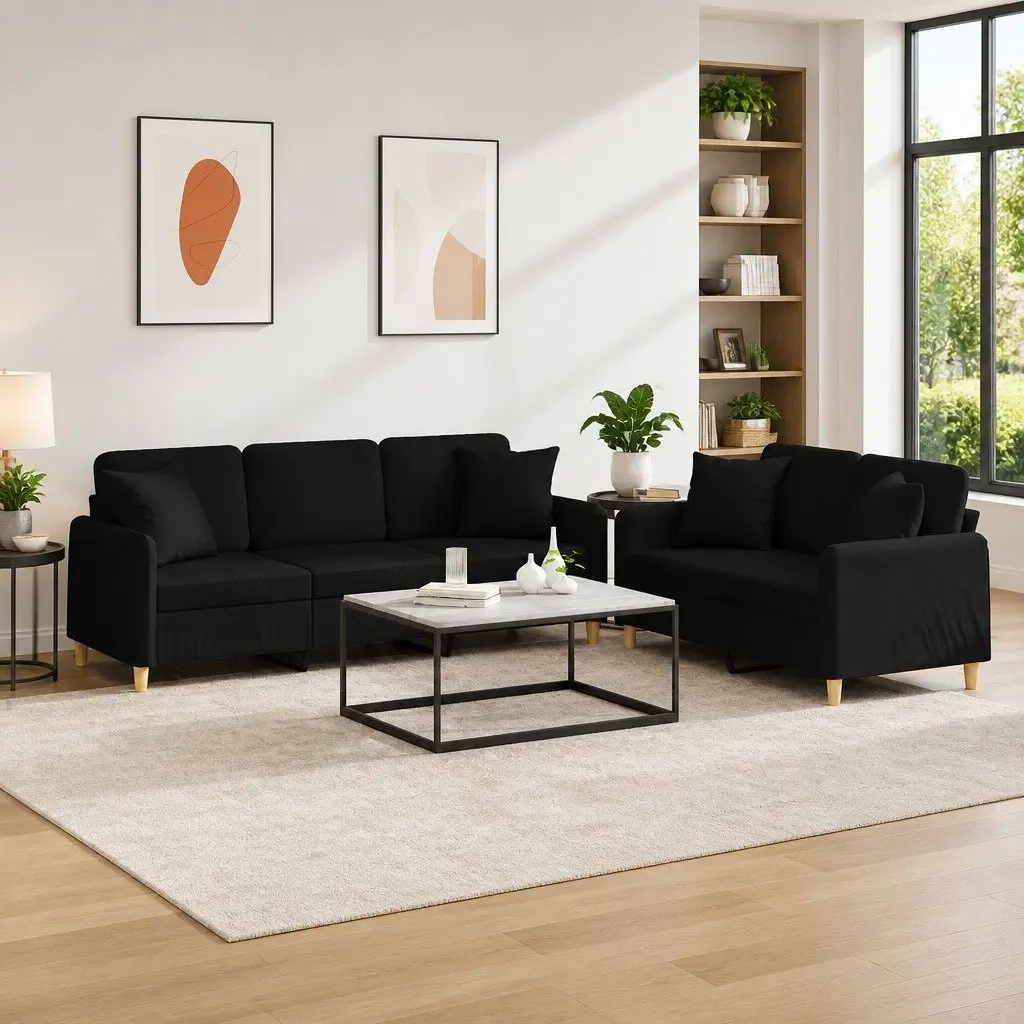 Black Fabric 2 Piece Sofa Set with Throw Pillows