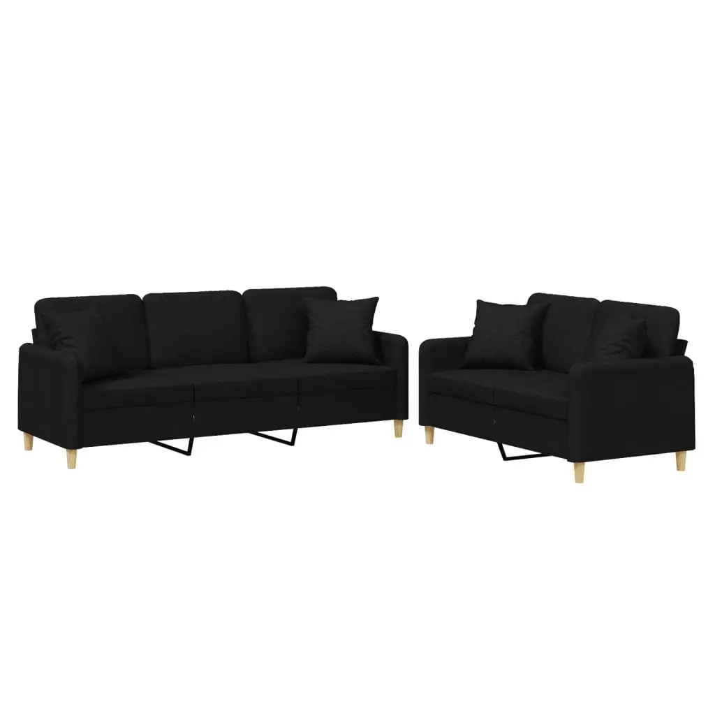 Black Fabric 2 Piece Sofa Set with Throw Pillows