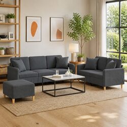Durable Grey Fabric Sofa Set with Pillows and Footstool