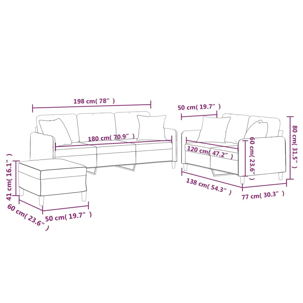 Grey Fabric Sofa Set with Pillows and Footstool