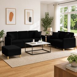 3 Piece Sofa Set Black Fabric Couch with Throw Pillows Footstool Living Room