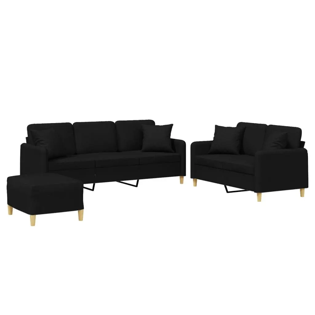 3 Piece Sofa Set Fabric Black Couch with Throw Pillows Footstool