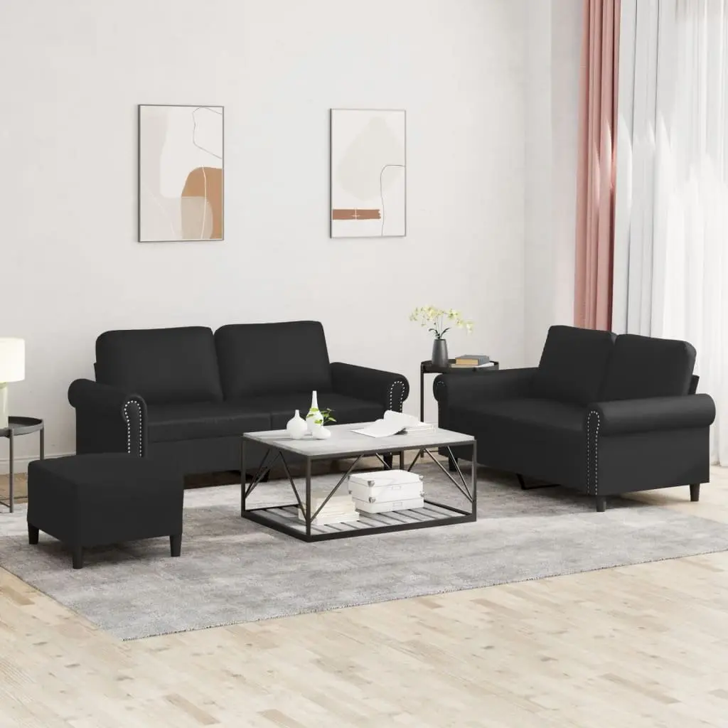 Sofa Set Faux Leather 3 Piece Black Living Room