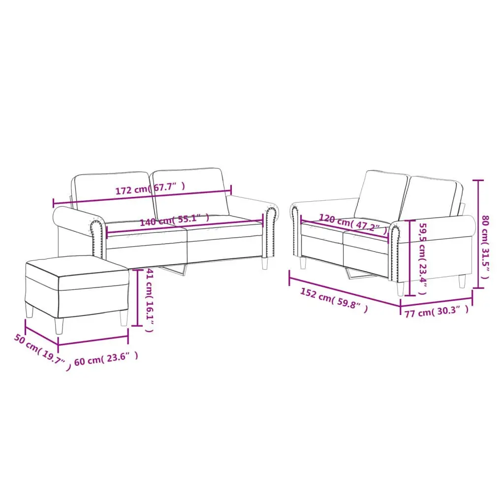 Sofa Set Faux Leather 3 Piece Black Living Room