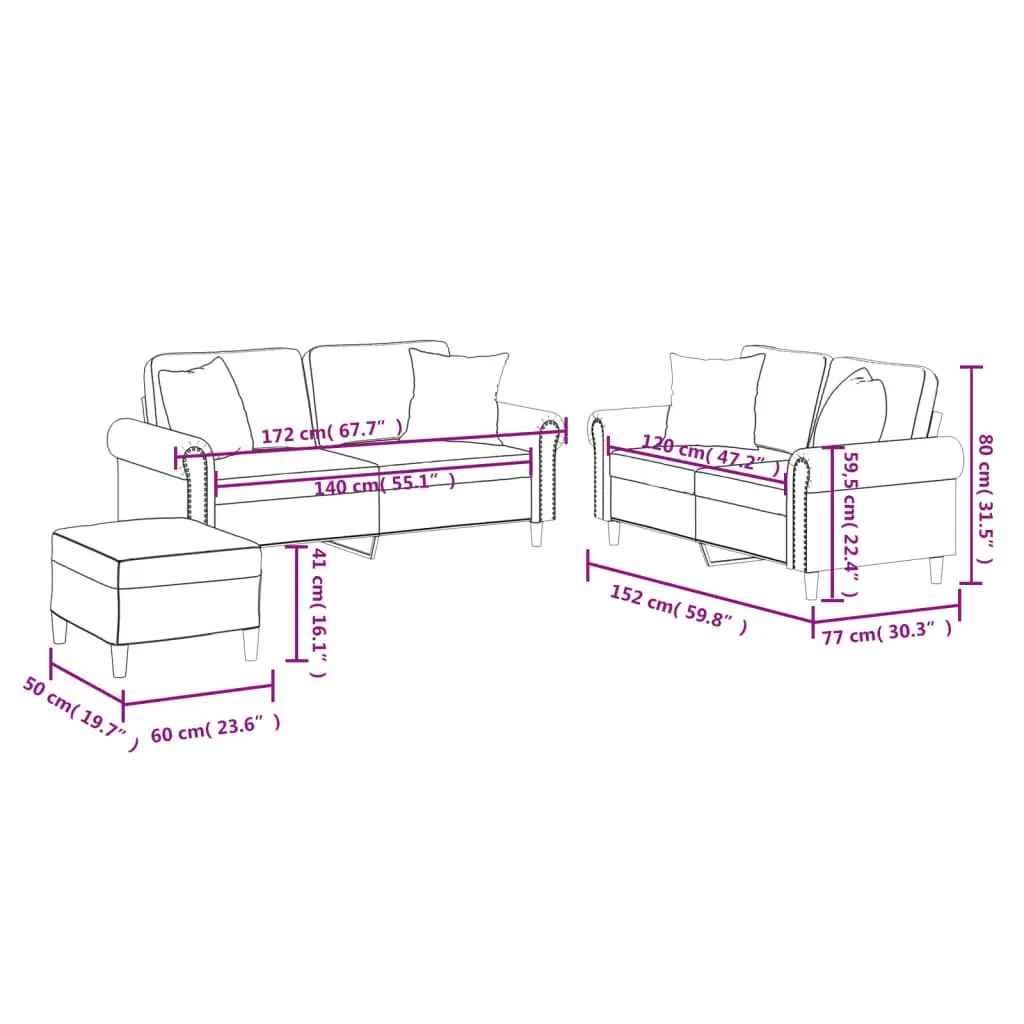 3 Piece Sofa Set with Pillows and Footstool