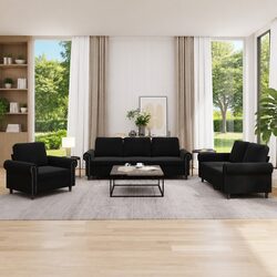 Black Velvet Three-Piece Sofa Set with Cushions
