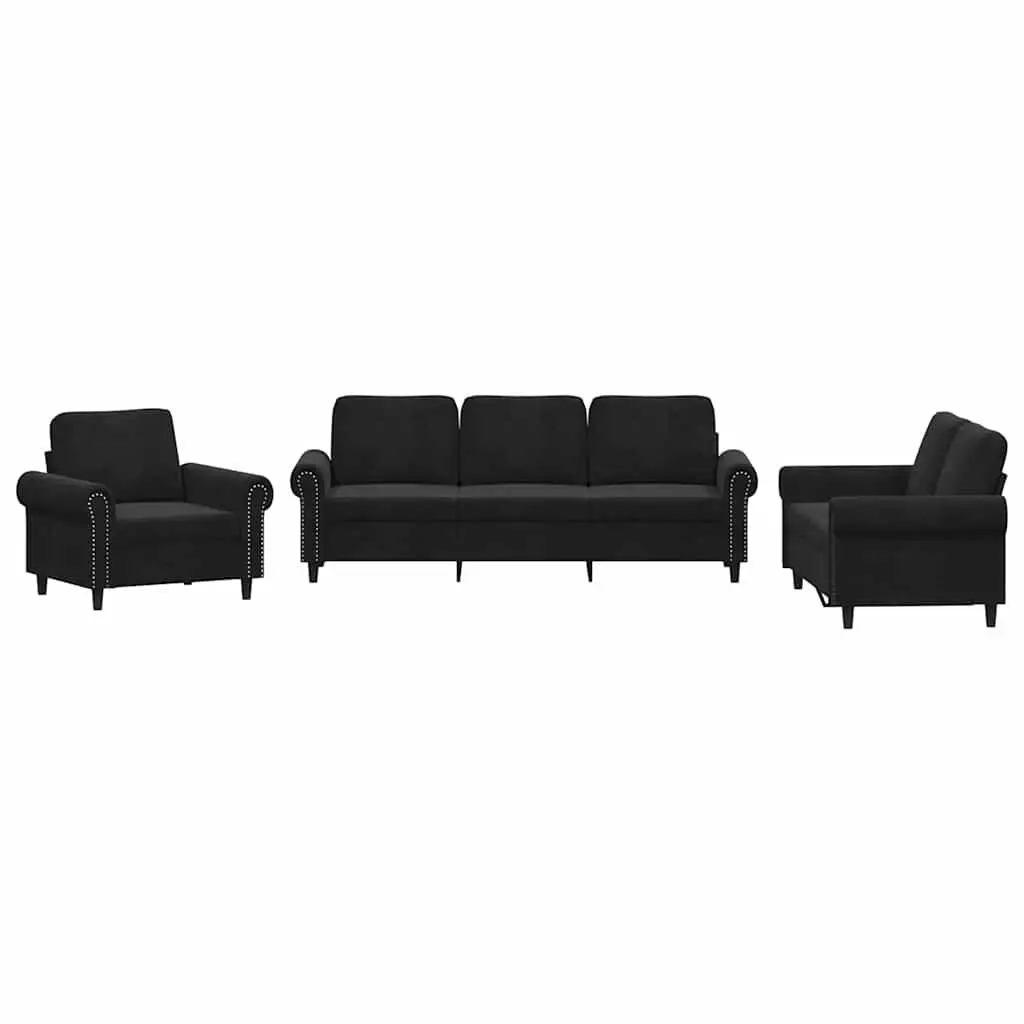 Black Velvet Three-Piece Sofa Set with Cushions