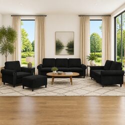 4-Piece Black Velvet Sofa Set with Cushions and Footstool