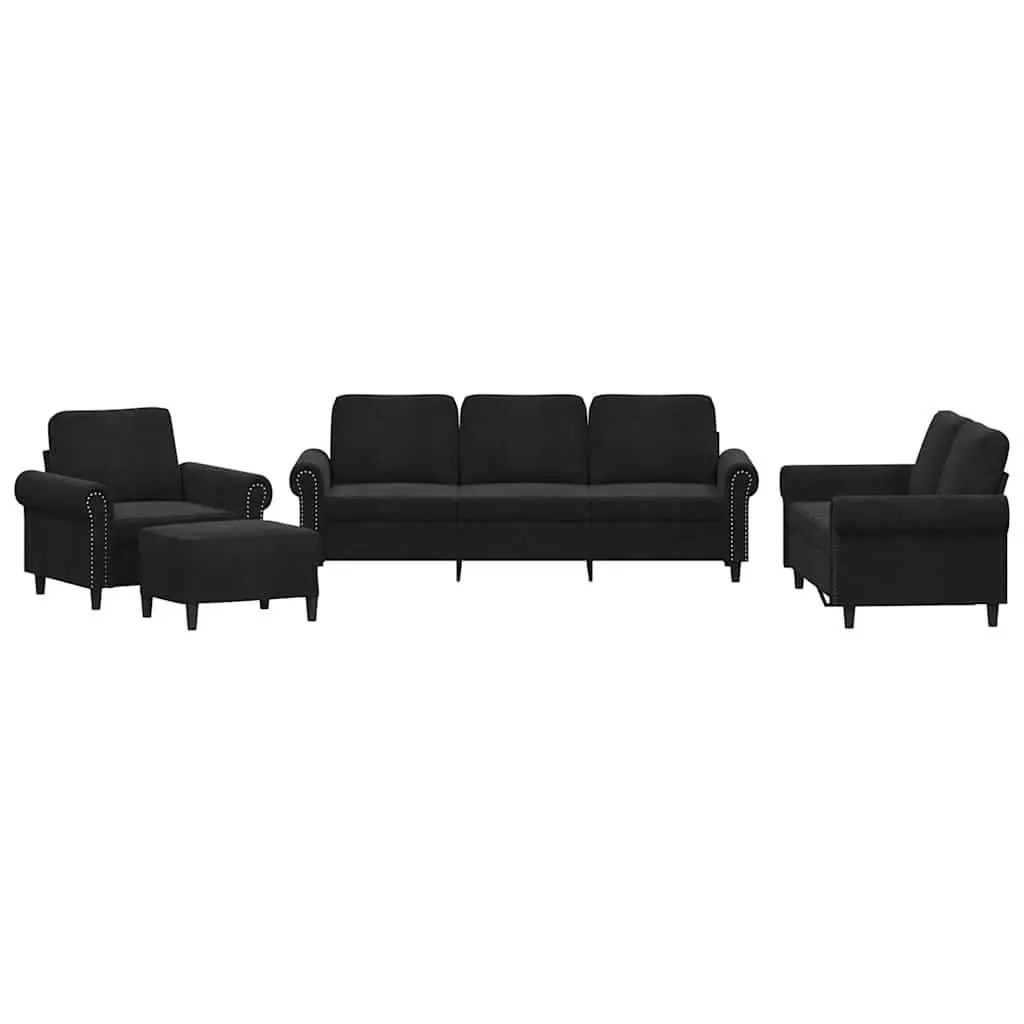 4-Piece Black Velvet Sofa Set with Cushions and Footstool