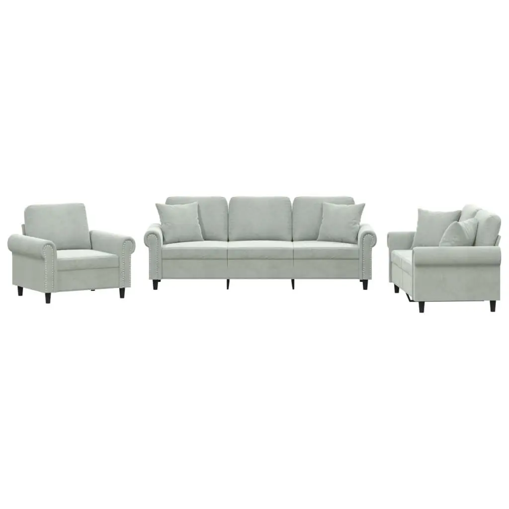 Grey Velvet 3 Piece Sofa Set with Throw Pillows