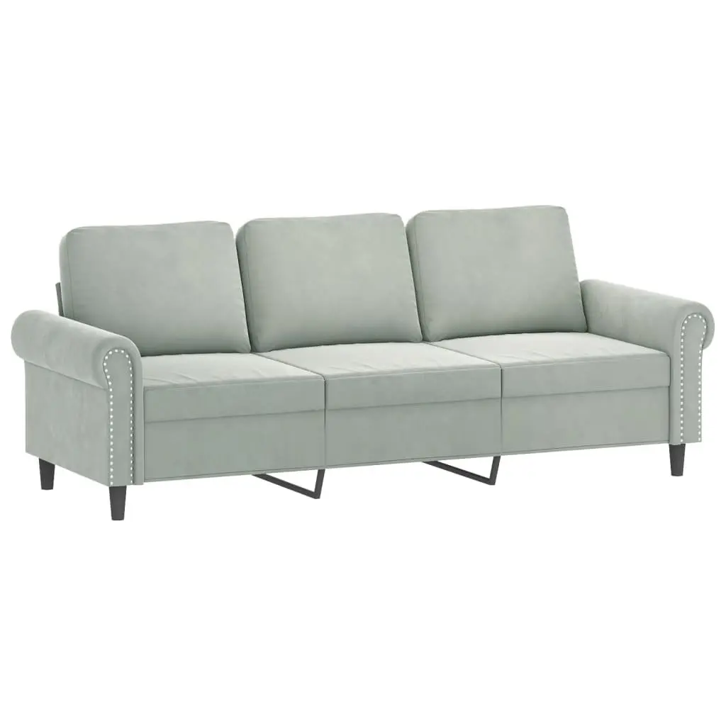 Grey Velvet 3 Piece Sofa Set with Throw Pillows