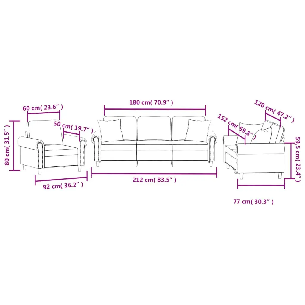 Grey Velvet 3 Piece Sofa Set with Throw Pillows
