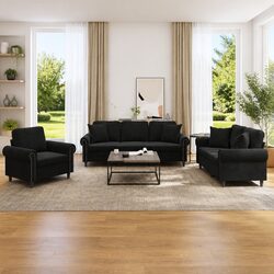 Stylish 3 Piece Black Velvet Sofa Set with Cushions