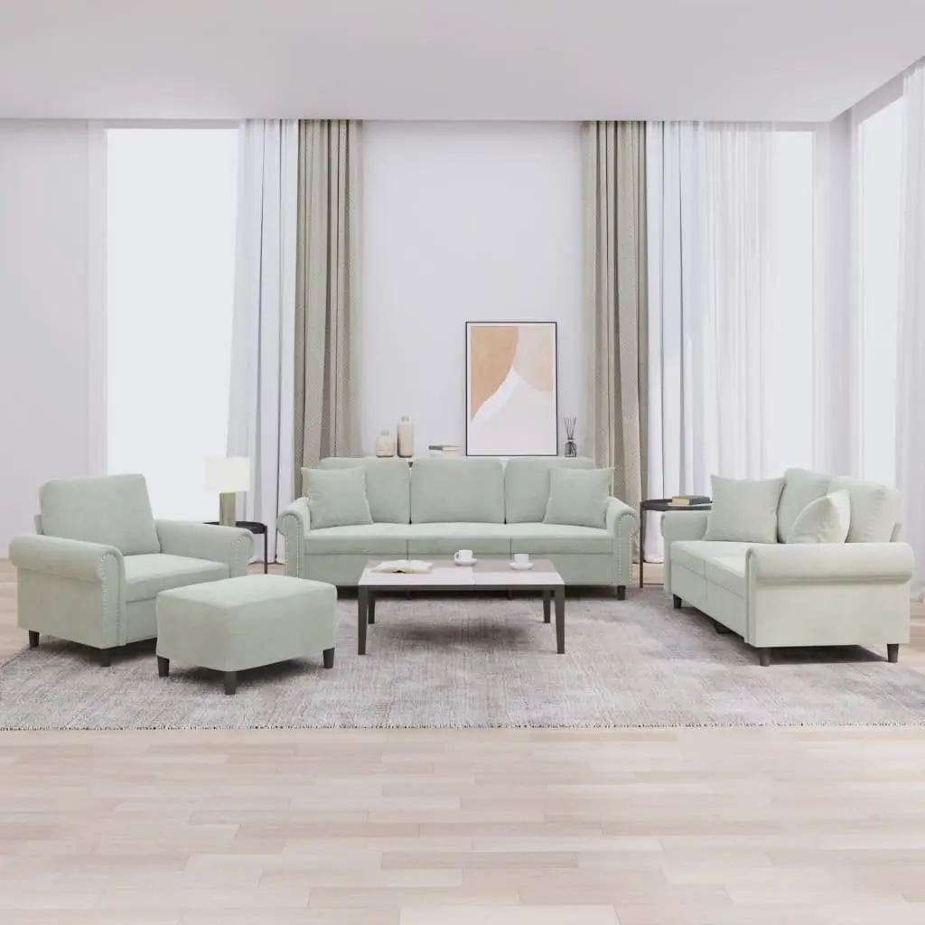 4 Piece Grey Velvet Sofa Set with Pillows