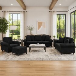 Durable 4 Piece Black Velvet Sofa Set with Pillows