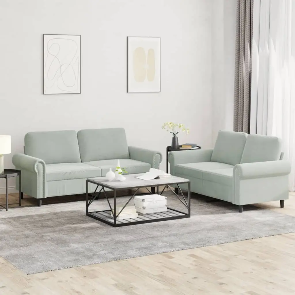 2 Piece Grey Velvet Sofa Set with Cushions