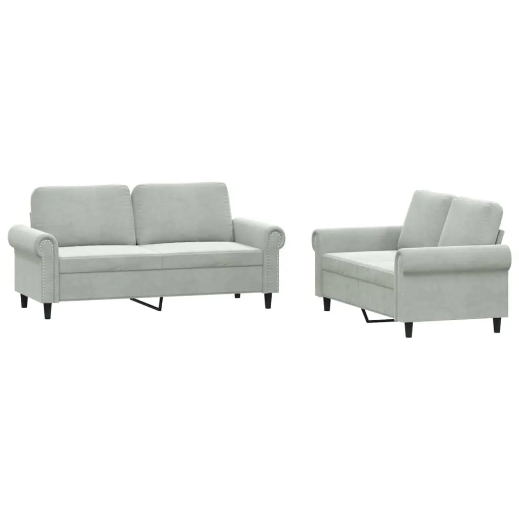 2 Piece Grey Velvet Sofa Set with Cushions