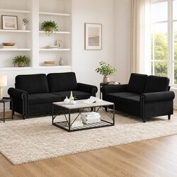 Stylish Black Velvet Sofa Set with Cushions - 2 Pieces
