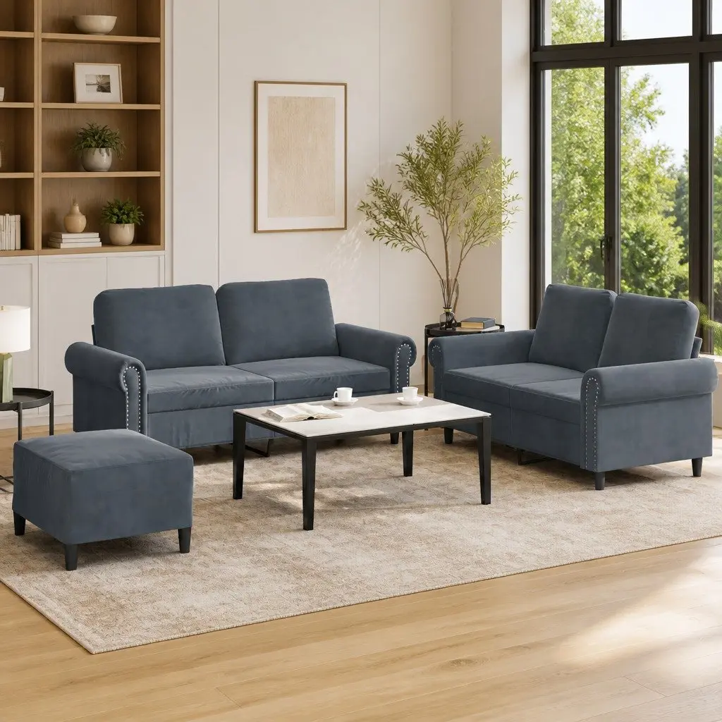 Sofa Set Velvet 3 Piece Grey Compact Lounge Suite with Footstool