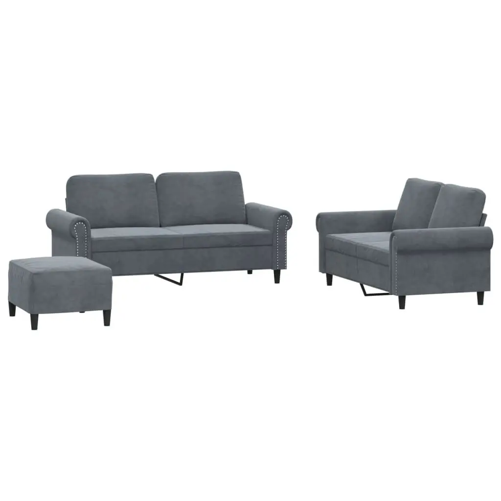 Sofa Set Velvet 3 Piece Grey Compact Lounge Suite with Footstool