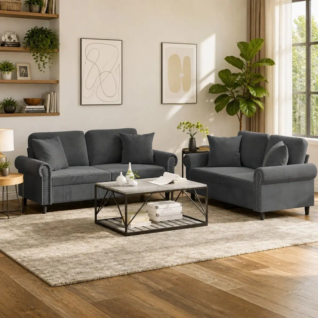 2 Piece Grey Velvet Sofa Set with Throw Pillows