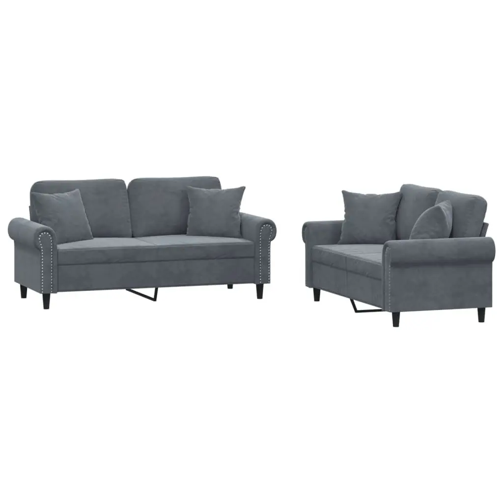 2 Piece Grey Velvet Sofa Set with Throw Pillows
