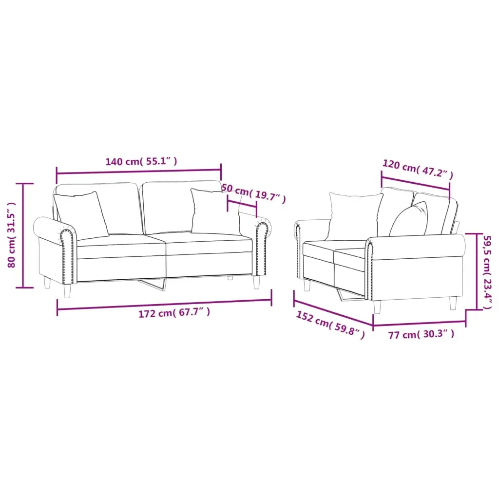 2 Piece Grey Velvet Sofa Set with Throw Pillows