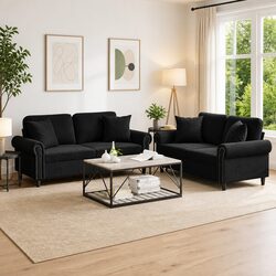 Durable Black Velvet 2 Piece Sofa Set with Pillows