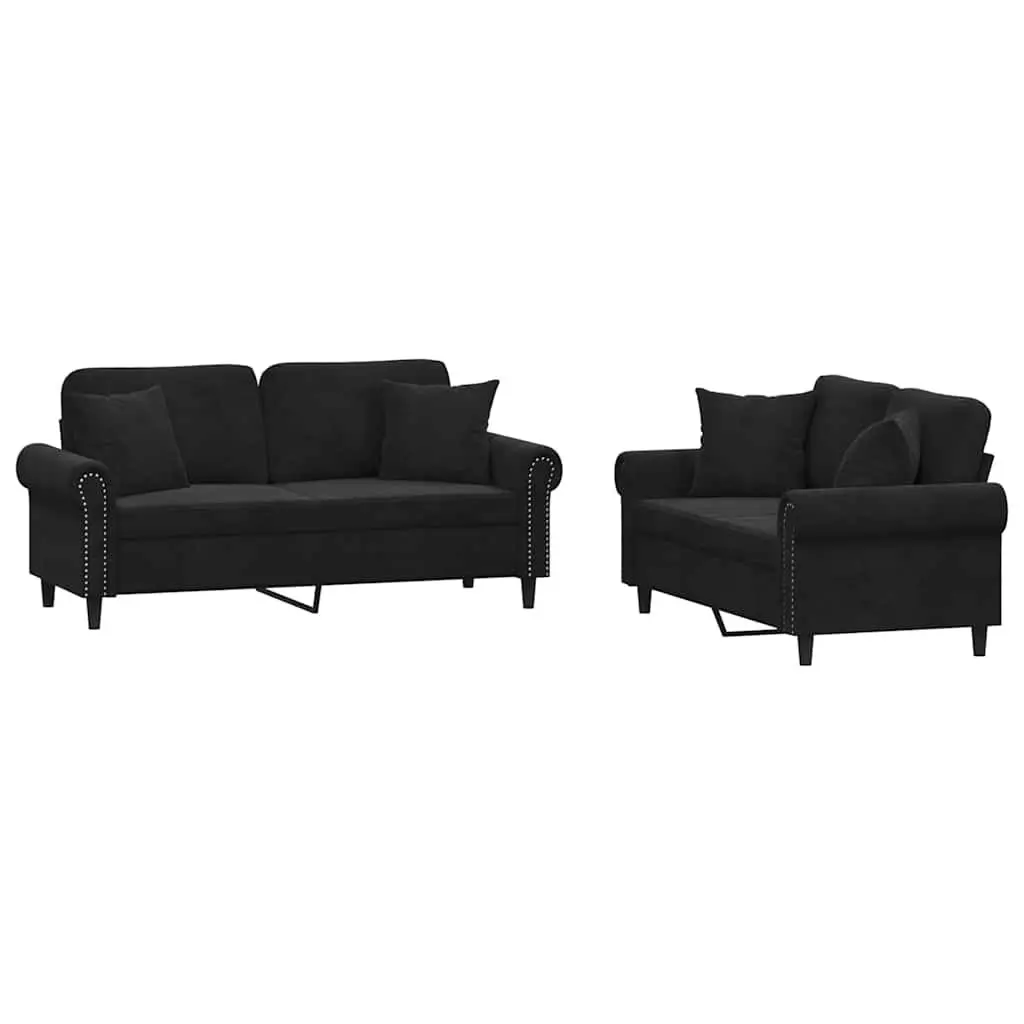 Black Velvet 2 Piece Sofa Set with Pillows