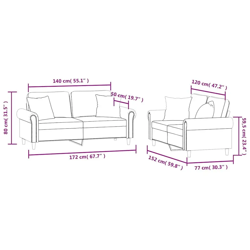 Black Velvet 2 Piece Sofa Set with Pillows
