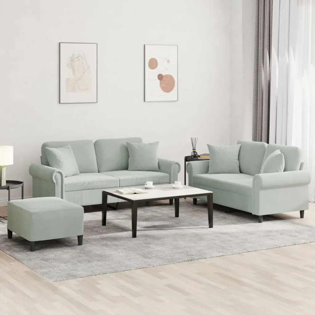 Sofa Set Velvet Grey 3 Piece Couch with Pillows Footstool