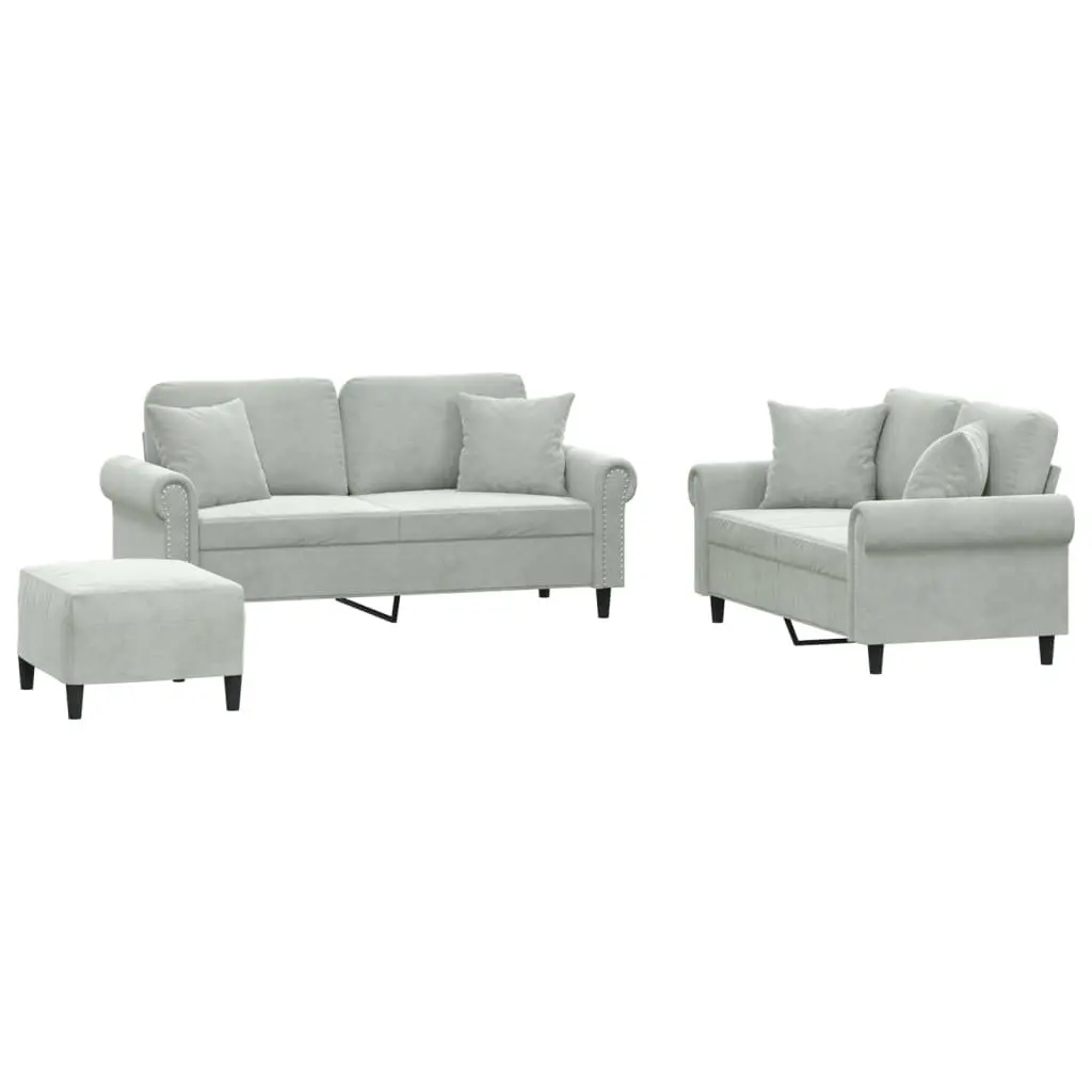 Sofa Set Velvet Grey 3 Piece Couch with Pillows Footstool
