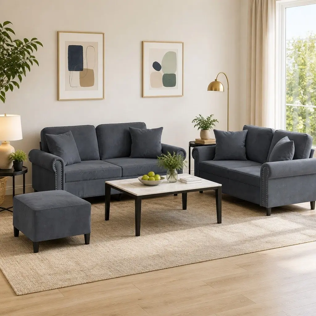3 Piece Sofa Set Velvet Grey Couch with Pillows Footstool