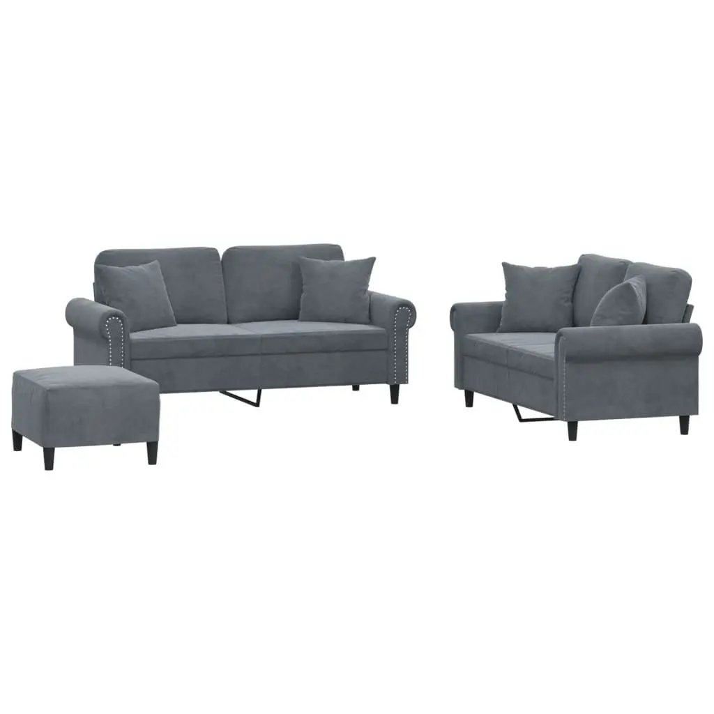 3 Piece Sofa Set Velvet Grey Couch with Pillows Footstool