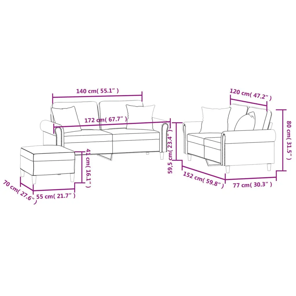 3 Piece Sofa Set Velvet Grey Couch with Pillows Footstool