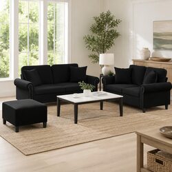 Black Velvet 3 Piece Sofa Set with Footstool and Pillows