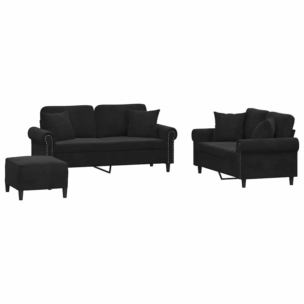 3 Piece Sofa Set Velvet Black Couch with Throw Pillows Footstool