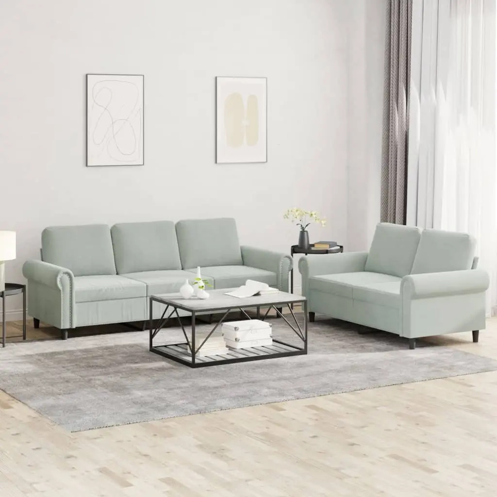 Grey Velvet 2 Piece Sofa Set with Cushions