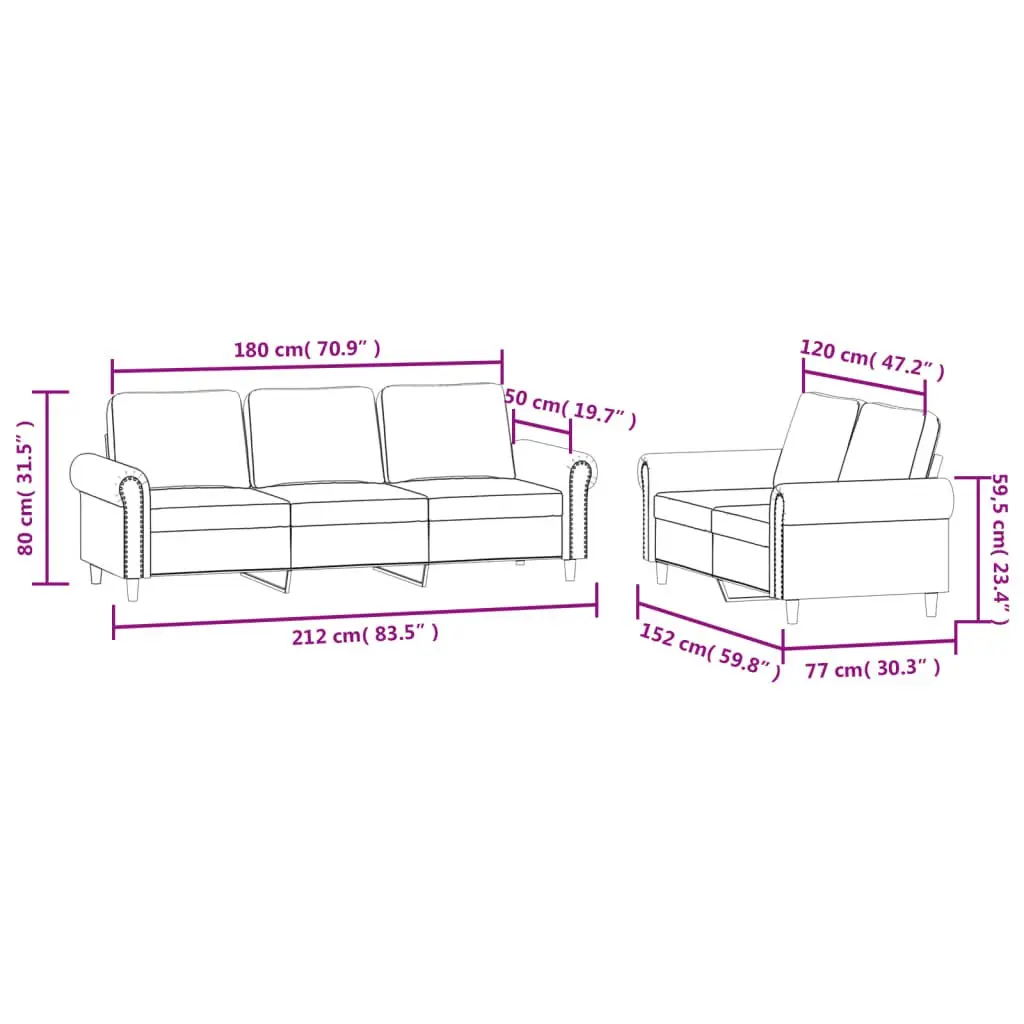 Grey Velvet 2 Piece Sofa Set with Cushions